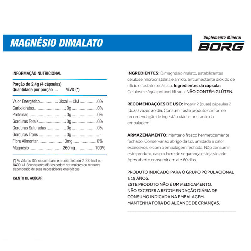 Encontraproduto.com.br - Suplemento Vitamínico Magnesio Dimalato - Borg - 60 Cápsula