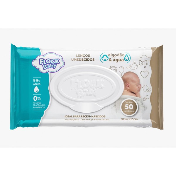 Encontraproduto.com.br - Lenço Umedecido Flock Baby Algodão e Água 50 Unidades