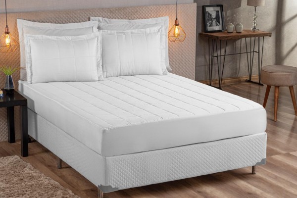Kit Colcha Com Elastico Matelado Casal Queen 03 Peças Branco