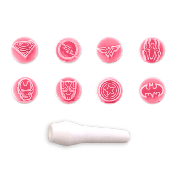 Encontraproduto.com.br - Kit Carimbos Heróis Rosa Bebê Blue Star Net Com 9 Peças