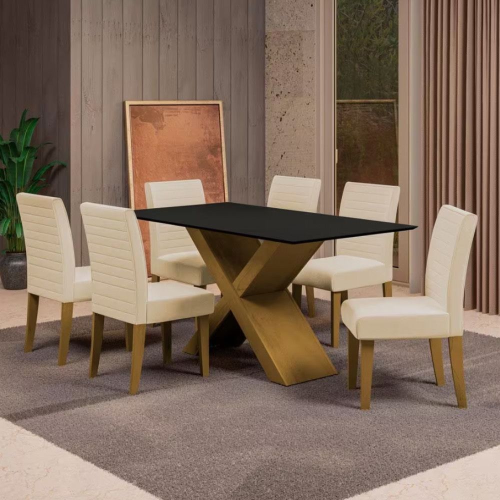 Mesa De Jantar Dobuê Creta Light 160x90 Com 6 Cadeiras Estofadas Carvalho/preto/bege