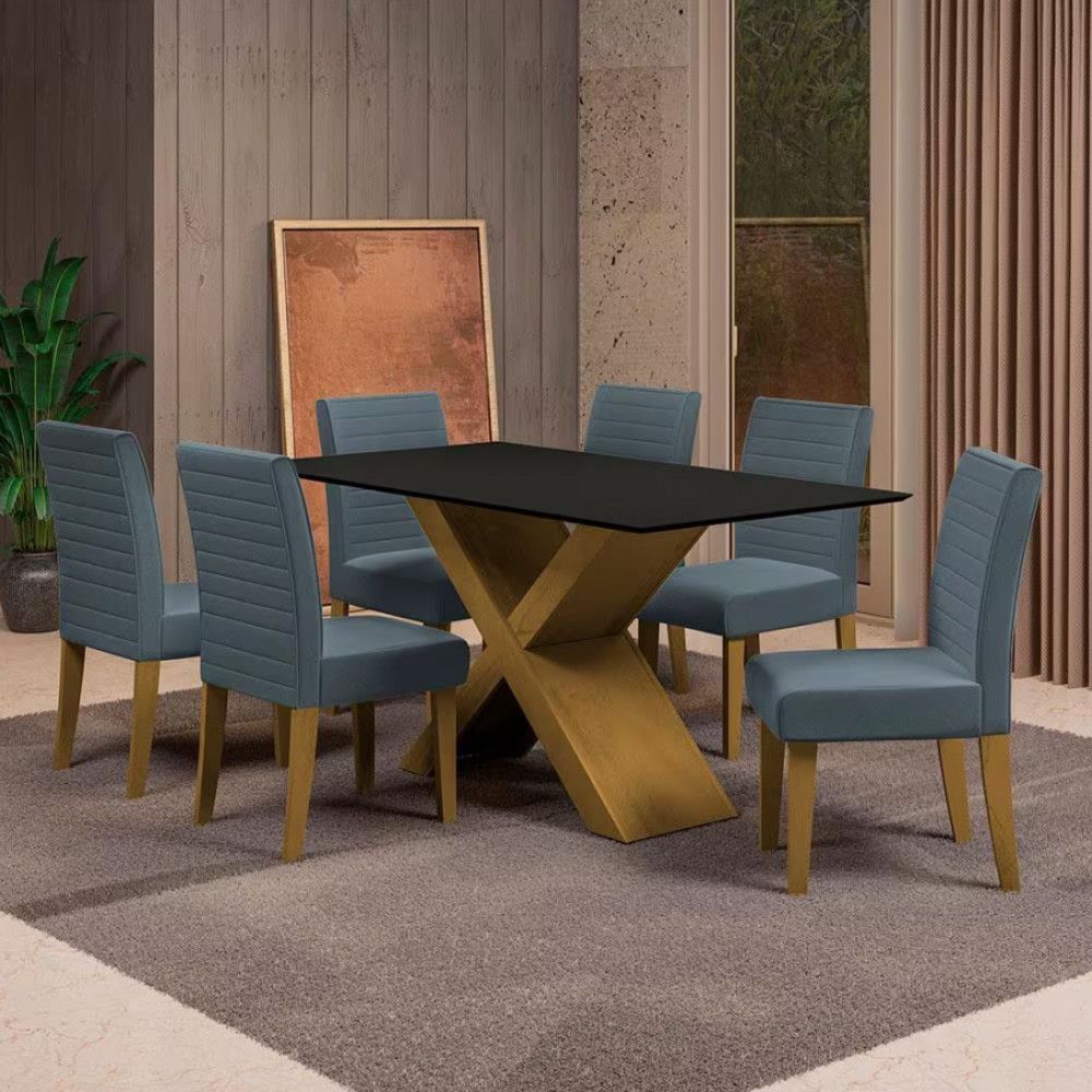 Mesa De Jantar Dobuê Creta Light 160x90 Com 6 Cadeiras Estofadas Carvalho/preto/grafite