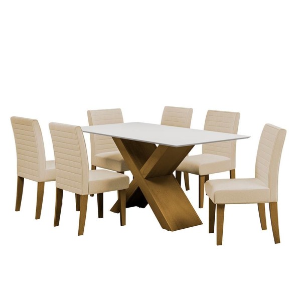 Encontraproduto.com.br - Mesa De Jantar Dobuê Creta Light 160x90 Com 6 Cadeiras Estofadas Carvalho/branco Off White/bege