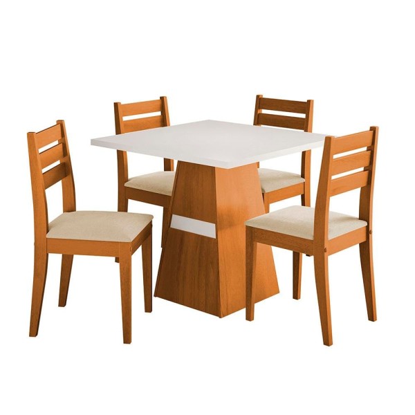 Encontraproduto.com.br - Mesa de Jantar Quadrada Dobuê Dakar com 4 Cadeiras Estofadas Revestidas em Suede Cinamomo, Branco e Bege