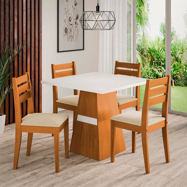 Encontraproduto.com.br - Mesa de Jantar Quadrada Dobuê Dakar com 4 Cadeiras Estofadas Revestidas em Suede Cinamomo, Branco e Bege