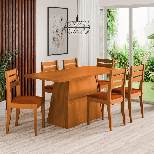 Encontraproduto.com.br - Mesa de Jantar Retangular Dobue Dakar com 6 cadeiras estofadas – 80cm de largura Cinamomo e Terracota
