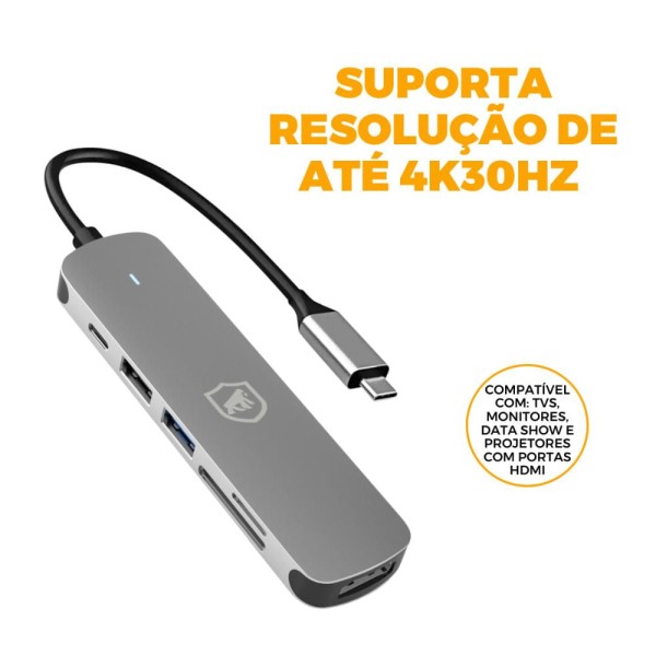 Encontraproduto.com.br - Adaptador Multifuncional 6 em 1 - HDMI / USB-C / Hub Usb 3.0 - Gshield