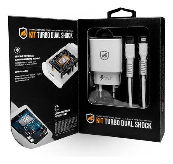 Encontraproduto.com.br - Kit Carregador Turbo Power Lightning Tipo C Dual Shock 25W Gorila Shield GS-8327
