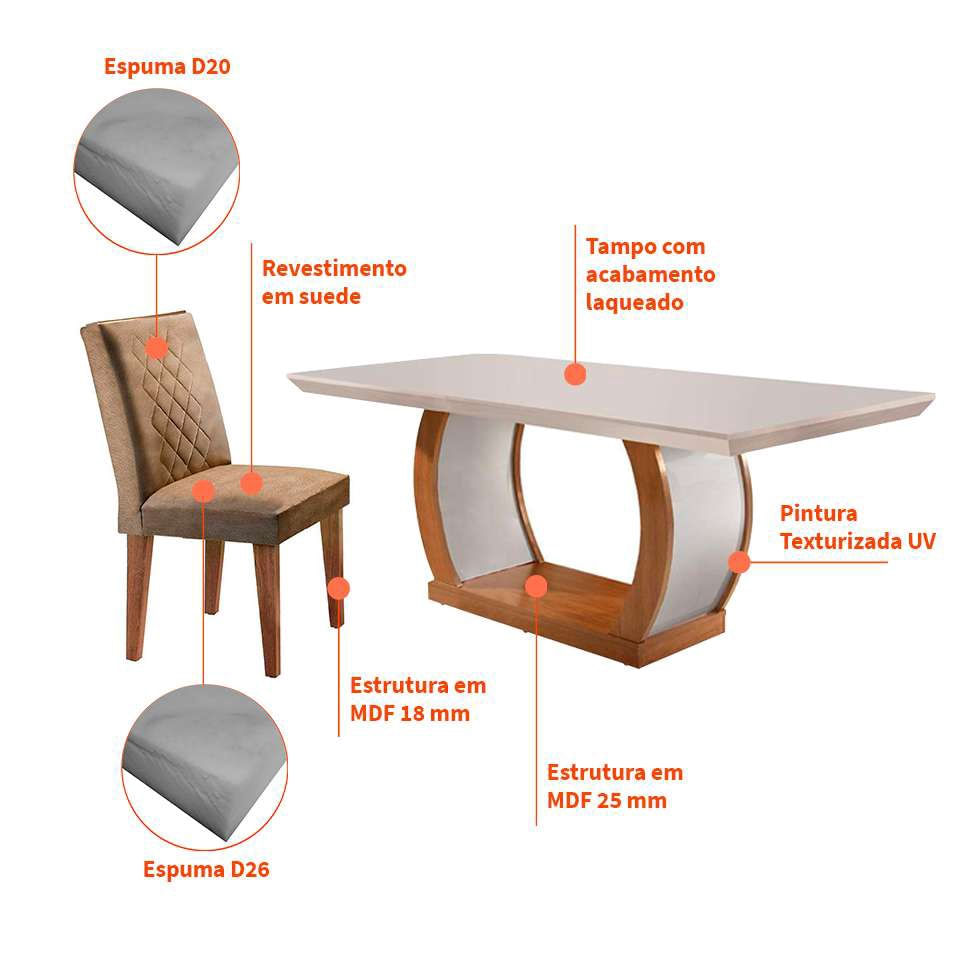 Encontraproduto.com.br - Conjunto de Mesa de Jantar com 6 Cadeiras Estofadas Maia Animalle Off White e Chocolate