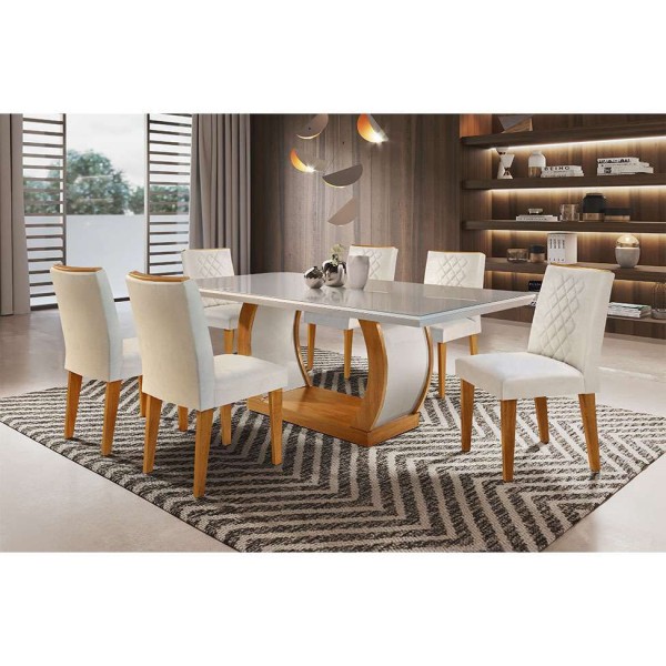 Encontraproduto.com.br - Conjunto de Mesa de Jantar com Tampo de Vidro e 6 Cadeiras Maia Veludo Creme e Imbuia