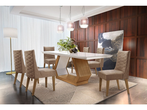 Sala de Jantar Lara 180 Tampo MDF Vidro com 6 Cadeiras Safira