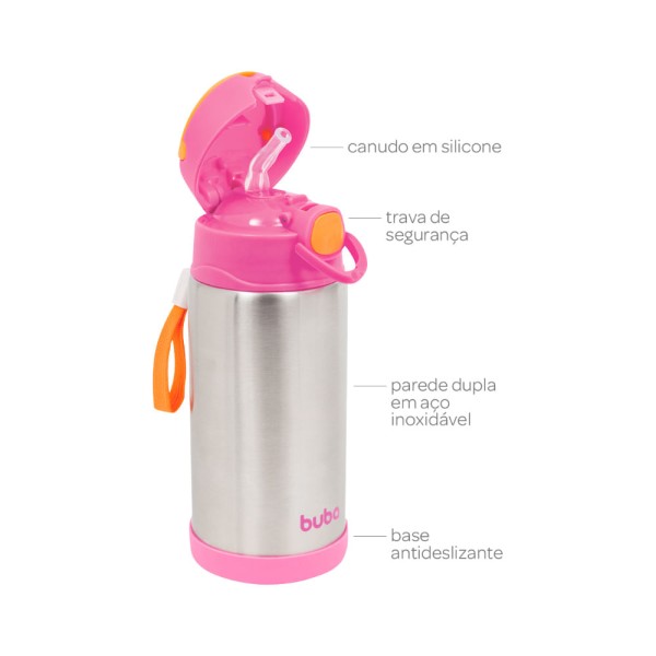 Encontraproduto.com.br - GARRAFINHA TÉRMICA PAREDE DUPLA COM CANUDO ROSA - BUBA