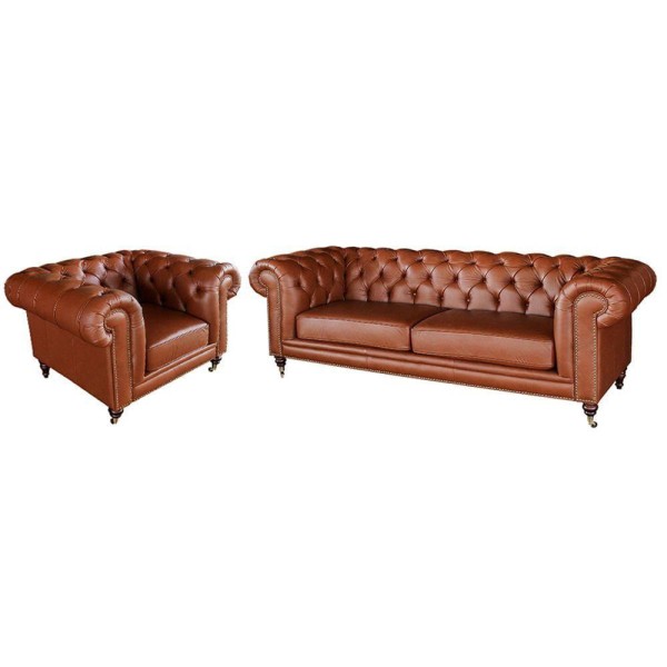 Encontraproduto.com.br - Jogo de Sofá Sala de Estar Chesterfield Duo Couro Conhaque Brilho - Gran Belo