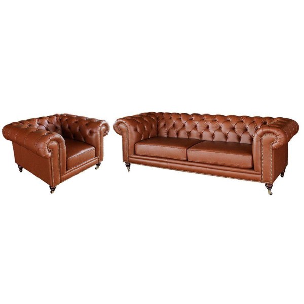 Encontraproduto.com.br - Jogo de Sofá Sala de Estar Chesterfield Duo Couro Conhaque Brilho - Gran Belo