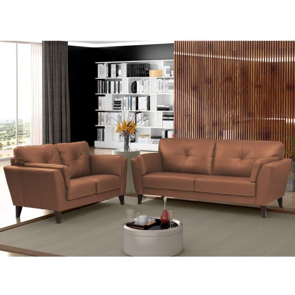 Encontraproduto.com.br - Conjunto de Sofás 2 e 3 Lugares Sala de Estar Pés de Madeira Laos Couro Conhaque - Gran Belo