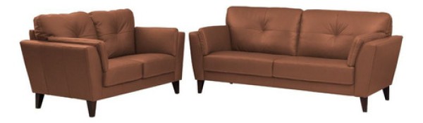 Encontraproduto.com.br - Conjunto de Sofás 2 e 3 Lugares Sala de Estar Pés de Madeira Laos Couro Conhaque - Gran Belo