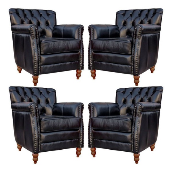 Kit 04 Poltronas Decorativas Sala de Estar Níger Pés Madeira Couro Preto - Gran Belo