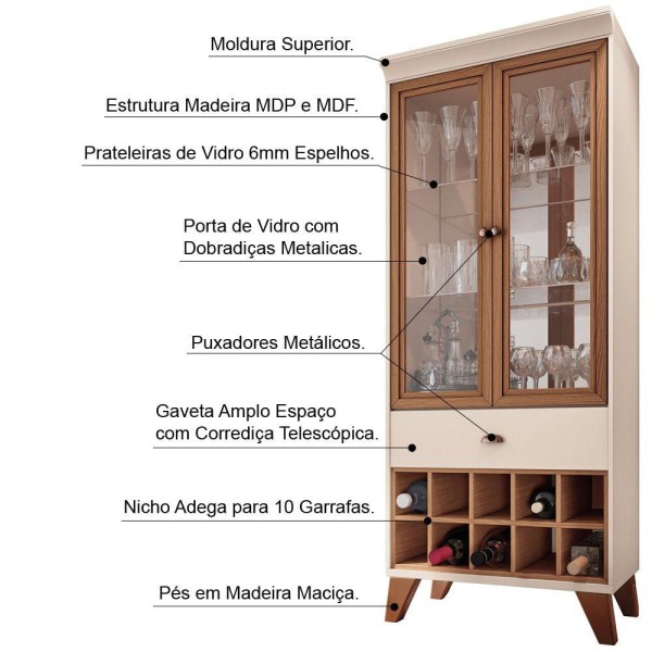 Encontraproduto.com.br - Cristaleira Bar com Nicho Adega Sala de Estar Andorra Off White/Nature G26 - Gran Belo