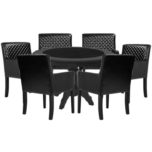 Encontraproduto.com.br - Mesa de Jogos Carteado Montreal Redonda Tampo Reversível Preto com 6 Cadeiras Liverpool Corino Preto Matelassê - Gran Belo