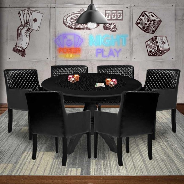 Encontraproduto.com.br - Mesa de Jogos Carteado Montreal Redonda Tampo Reversível Preto com 6 Cadeiras Liverpool Corino Preto Matelassê - Gran Belo