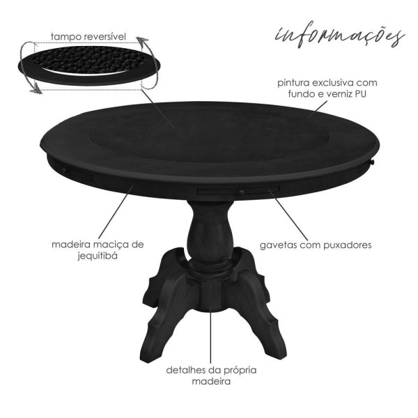 Encontraproduto.com.br - Mesa de Jogos Carteado Montreal Redonda Tampo Reversível Preto com 6 Cadeiras Liverpool Corino Preto Matelassê - Gran Belo