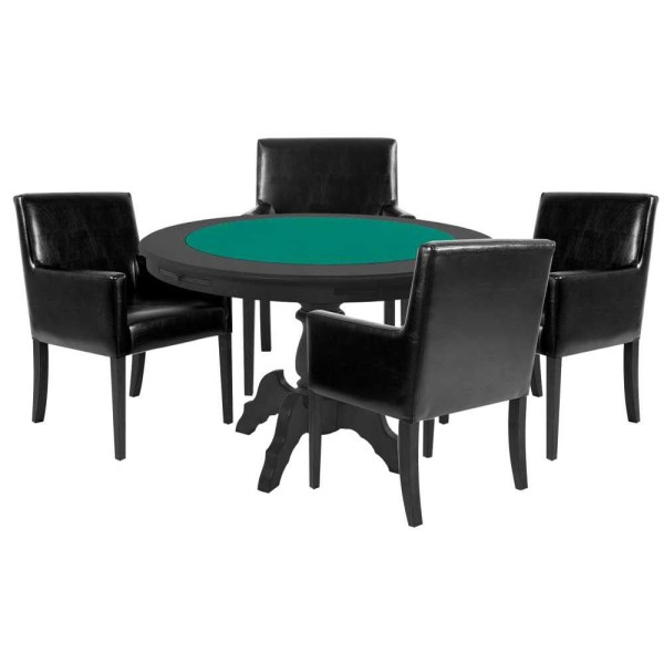 Encontraproduto.com.br - Mesa de Jogos Carteado Redonda Montreal Tampo Reversível Preto com 4 Cadeiras Liverpool Corino Preto Liso Gran Belo