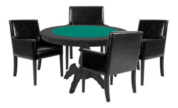 Encontraproduto.com.br - Mesa de Jogos Carteado Redonda Montreal Tampo Reversível Preto com 4 Cadeiras Liverpool Corino Preto Liso Gran Belo