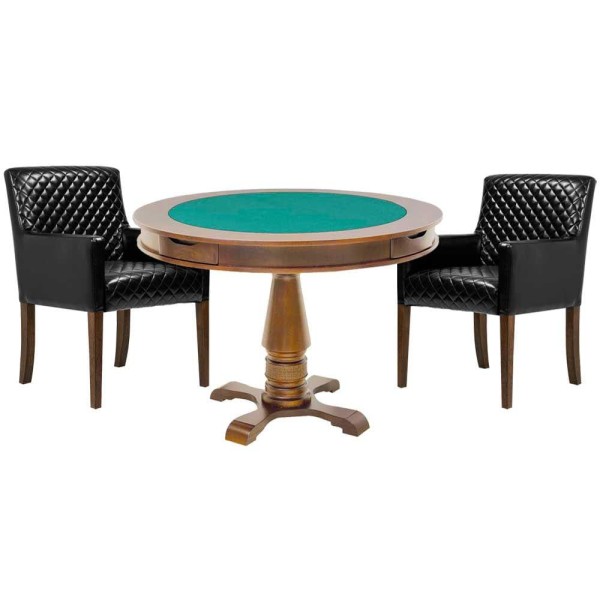 Encontraproduto.com.br - Mesa de Jogos Carteado Victoria Redonda Tampo Reversível Amêndoa com 2 Cadeiras Liverpool Corino Preto Matelassê Gran Belo