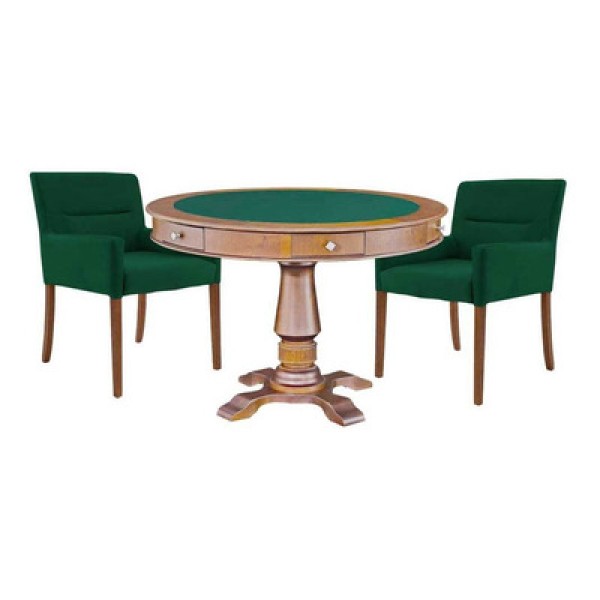 Encontraproduto.com.br - Mesa de Jogos Carteado Victoria Redonda Tampo Reversível Amêndoa com Kit 2 Cadeiras Vicenza Verde G36 G15 - Gran Belo