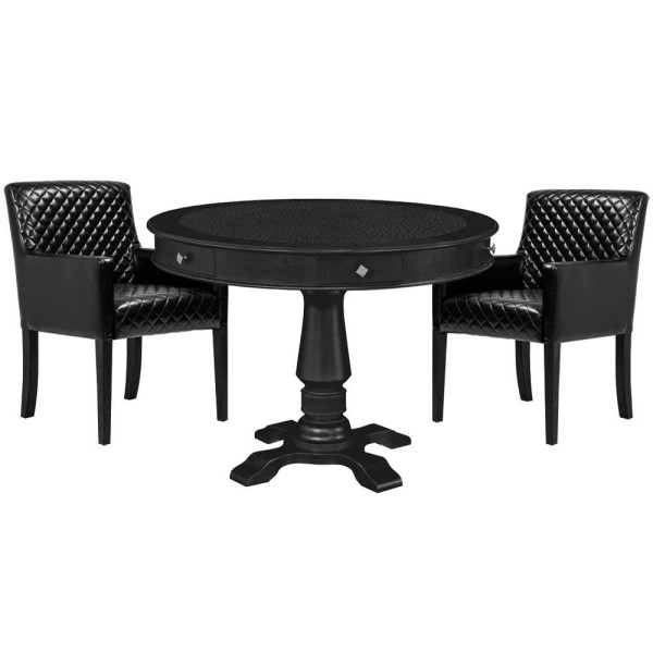 Encontraproduto.com.br - Mesa de Jogos Carteado Redonda Victoria Tampo Reversível Preto com Kit 2 Cadeiras Liverpool Corino Preto Matelassê G36 G15 - Gran Belo