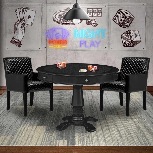 Encontraproduto.com.br - Mesa de Jogos Carteado Redonda Victoria Tampo Reversível Preto com Kit 2 Cadeiras Liverpool Corino Preto Matelassê G36 G15 - Gran Belo