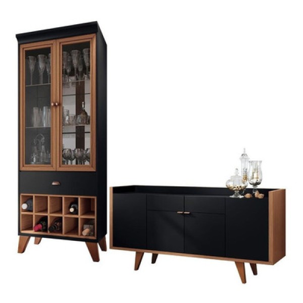 Encontraproduto.com.br - Conjunto Cristaleira Bar Adega e Buffet Aparador Balcão Albâni/Andorra Preto/Nature G26 - Gran Belo