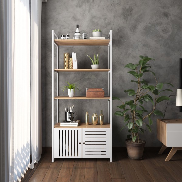 Estante Metal Madeira Estilo industrial com Porta Vazada | Cor: Branco| Mod: Mimo