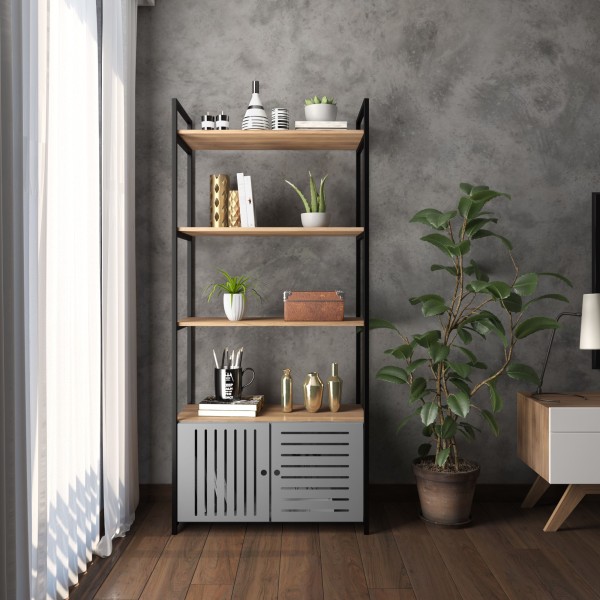 Estante Metal Madeira Estilo industrial com Porta Vazada | Cor: Cinza | Mod: Mimo