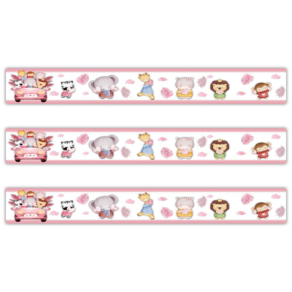 Encontraproduto.com.br - Kit 3 Faixas Decorativas Papel Parede Infantil Animais Carro Titulo Rosa