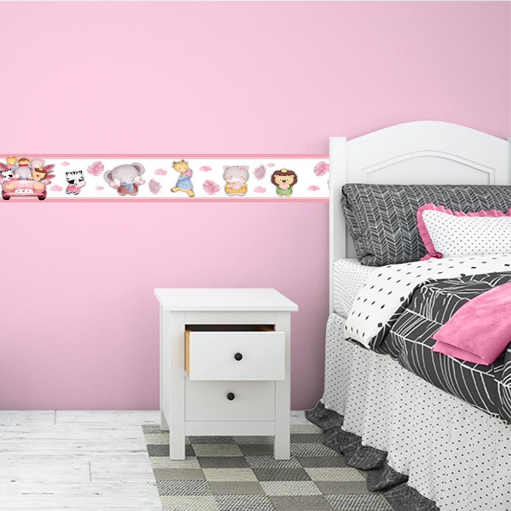 Encontraproduto.com.br - Kit 3 Faixas Decorativas Papel Parede Infantil Animais Carro Titulo Rosa