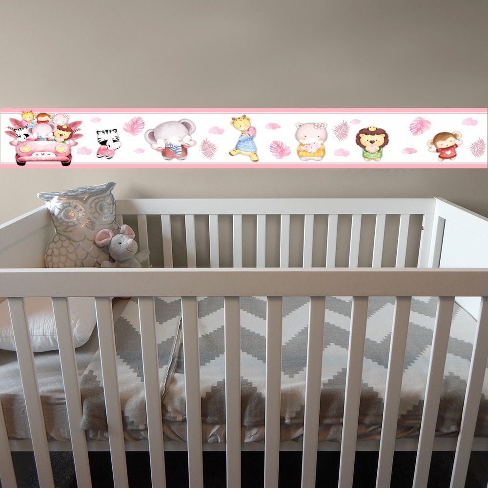 Encontraproduto.com.br - Kit 3 Faixas Decorativas Papel Parede Infantil Animais Carro Titulo Rosa