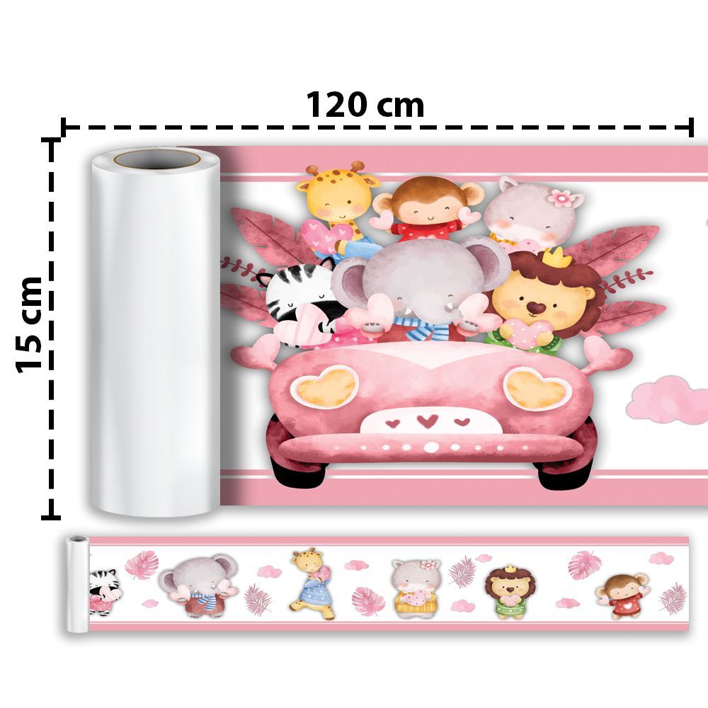 Encontraproduto.com.br - Kit 3 Faixas Decorativas Papel Parede Infantil Animais Carro Titulo Rosa