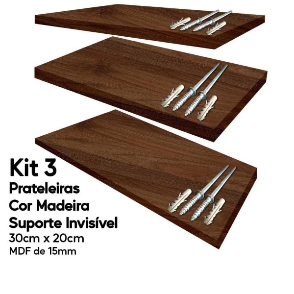 Encontraproduto.com.br - Kit 3 Prateleiras Cor Madeira Mdf 30x20 Suporte Invisível
