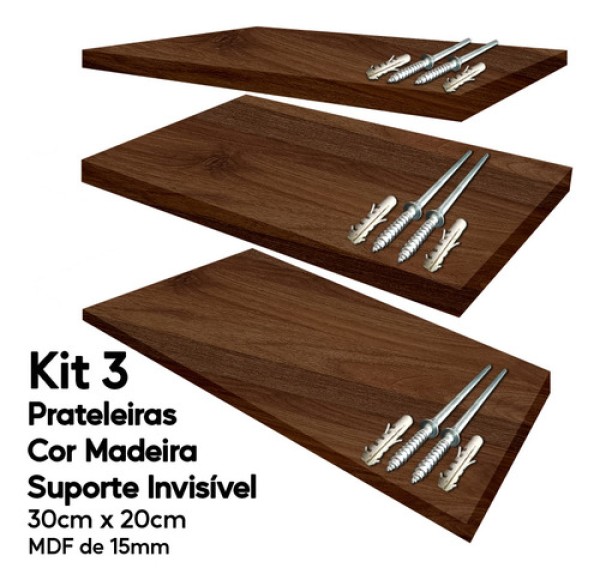 Encontraproduto.com.br - Kit 3 Prateleiras Cor Madeira Mdf 30x20 Suporte Invisível
