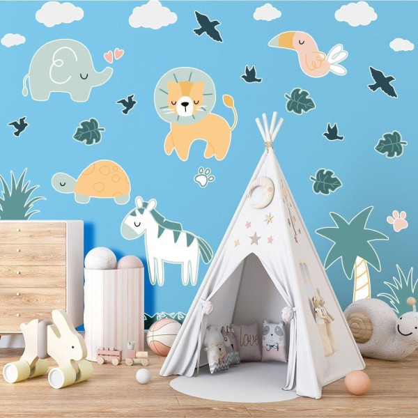 Encontraproduto.com.br - Adesivo Parede Infantil Safari Cor Pastel Bebê Criança