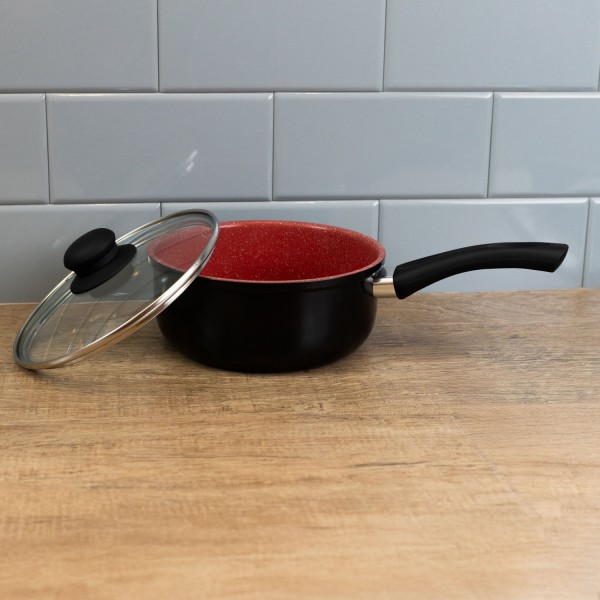 Encontraproduto.com.br - Panela de Indução em Alumínio com Revestimento Cerâmico e Tampa de Vidro Vermelha 18cm - Lyor
