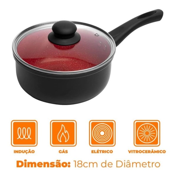 Encontraproduto.com.br - Panela de Indução em Alumínio com Revestimento Cerâmico e Tampa de Vidro Vermelha 18cm - Lyor