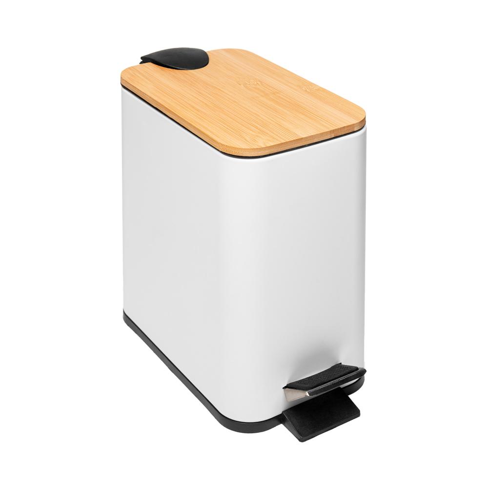 Lixeira Quadrada de Metal Pedal Tampa em Bambu Branca 5L