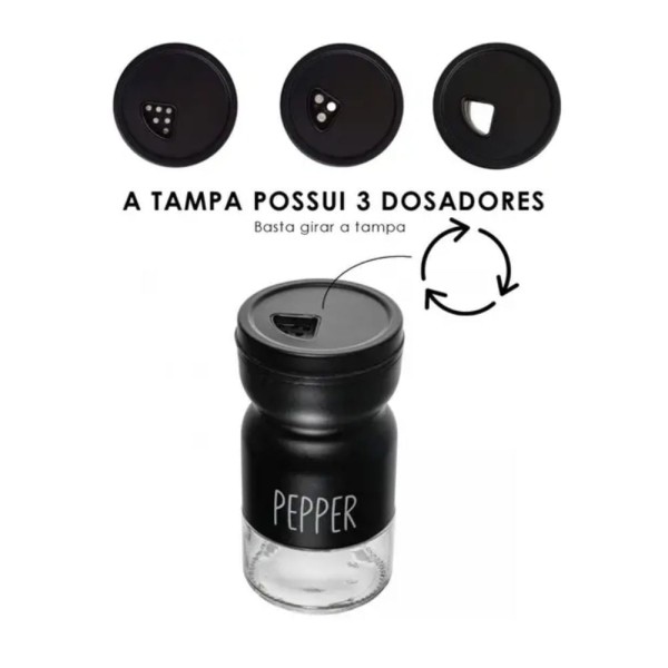 Encontraproduto.com.br - Pimenteiro de Vidro com Tampa de Metal Preto 120ml - Lyor