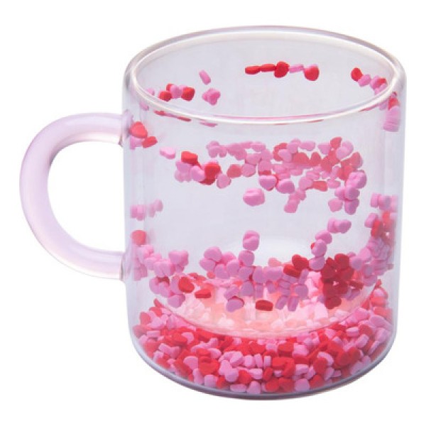 Caneca Parede Dupla de Vidro Borossilicato com Alça Rosa Heart 350ml - Lyor