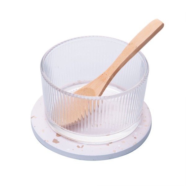 Encontraproduto.com.br - Petisqueira Redonda de Vidro com Colher de Bambu e Suporte Terrazo 12x10x6,5cm Lyor