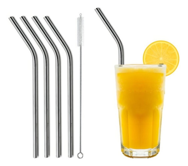 Conjunto 4 Canudos de Aço Inox Reutilizáveis com Escova para Limpeza 21,5cm - Lyor
