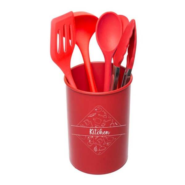 Jogo 5 Utensílios de Cozinha Silicone com Suporte Vermelho