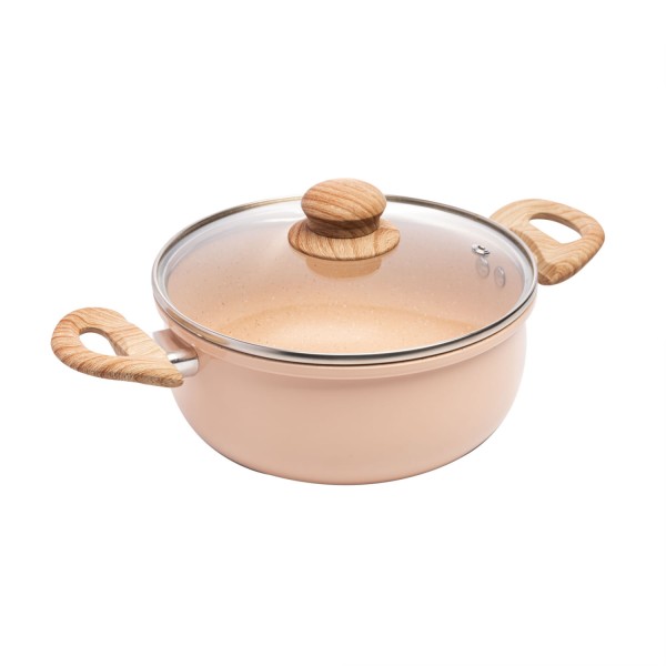 Encontraproduto.com.br - Caçarola de Indução com Tampa de Vidro 22cm Bege Alumínio com Revestimento Cerâmico - Lyor